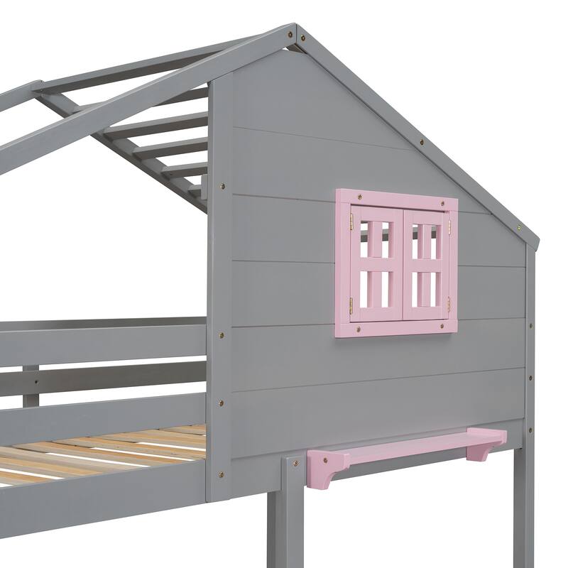 Fun Twin Bunk Bed with Roof, Window, Storage Drawers & Shelf - Ideal for Kids' Room