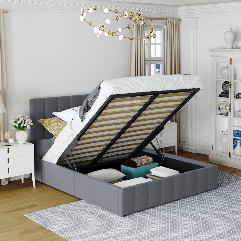 Linen Upholstered Bed Low Profile Platform Bed Storage Bedframe with Hydraulic Storage System, Headboard and Slats Support