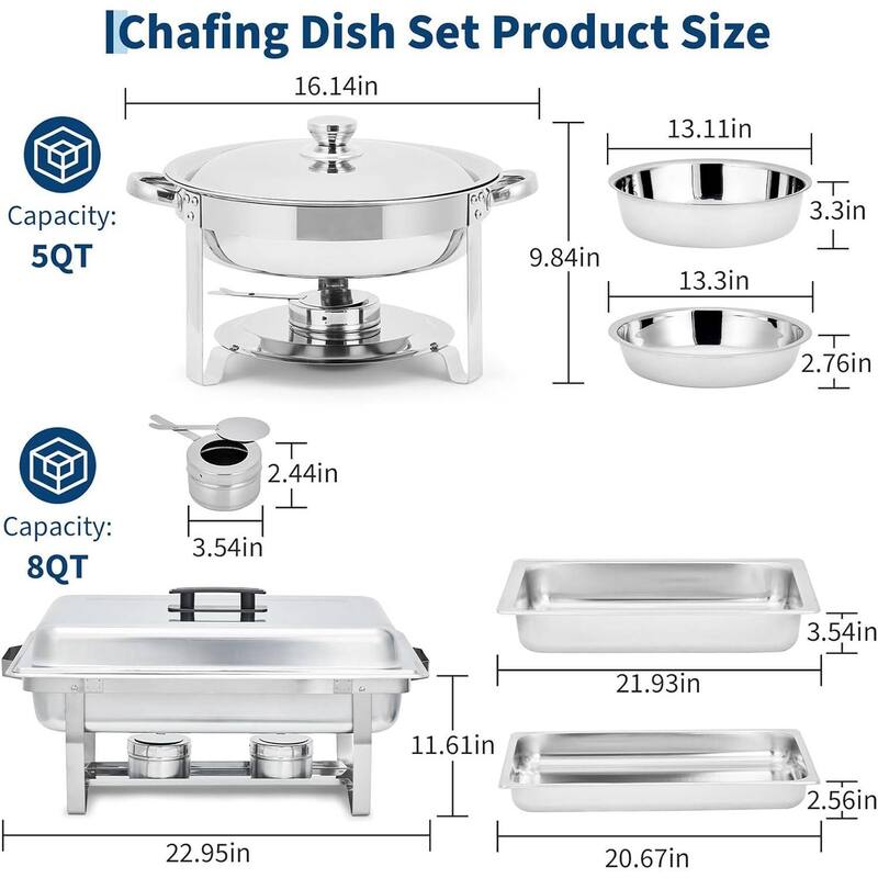 8QT Rectangle & 5 Qt Round Chafers and Buffet Warmers Sets