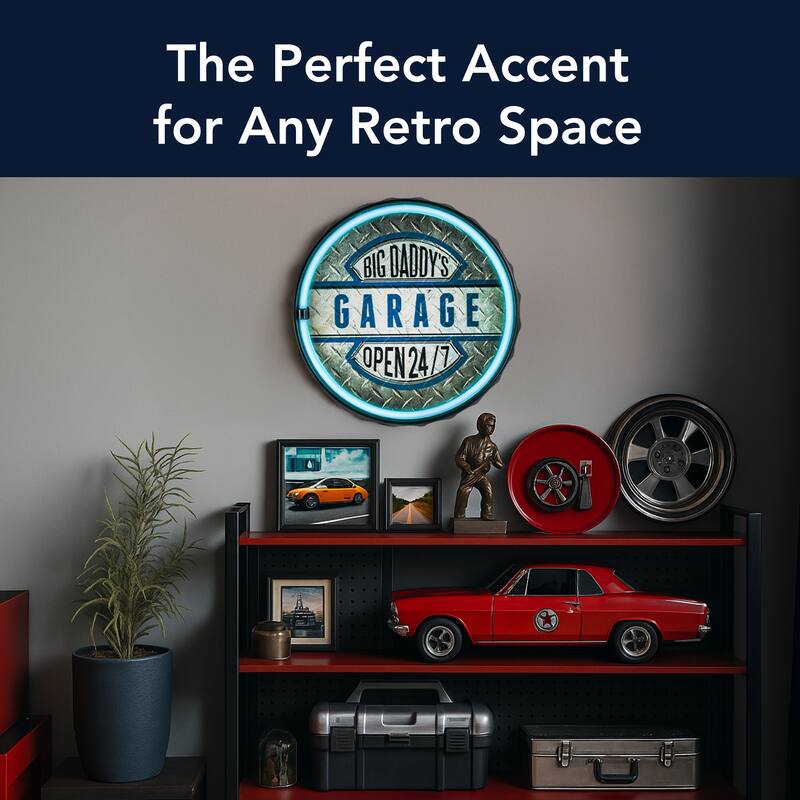 American Art Decor Big Daddy's Garage Bottle Cap Shaped LED Light Up Sign Wall Decor for Man Cave Bar Garage - Grey