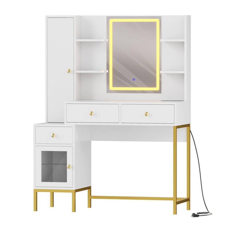 Vanity Desk with LED Mirror, Charging Station, Drawers, Shelves, Jewelry Cabinet