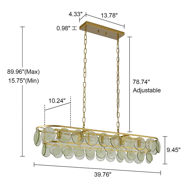 39.76" Modern Dimmable Linear Large Glass Chandelier with Circular Textured Green Glass Shade - W39.8"