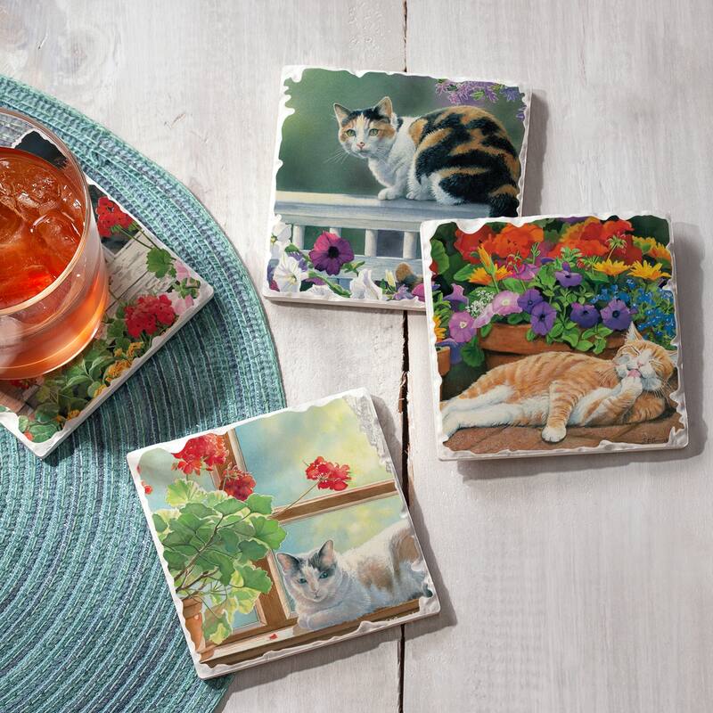 Counterart Absorbent Stone Coaster, A Lazy Day, Set of 4 - 4.01x4.03