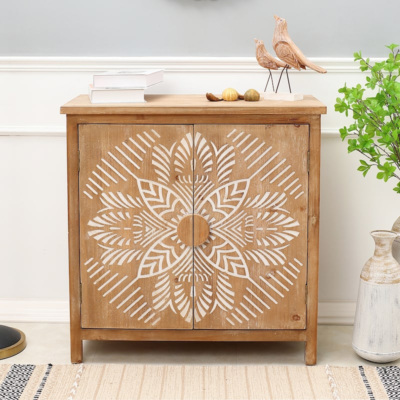 Natural Wood and White Floral 2-Door Storage Cabinet - 32.48" H x 31.5" W x 14.96" D