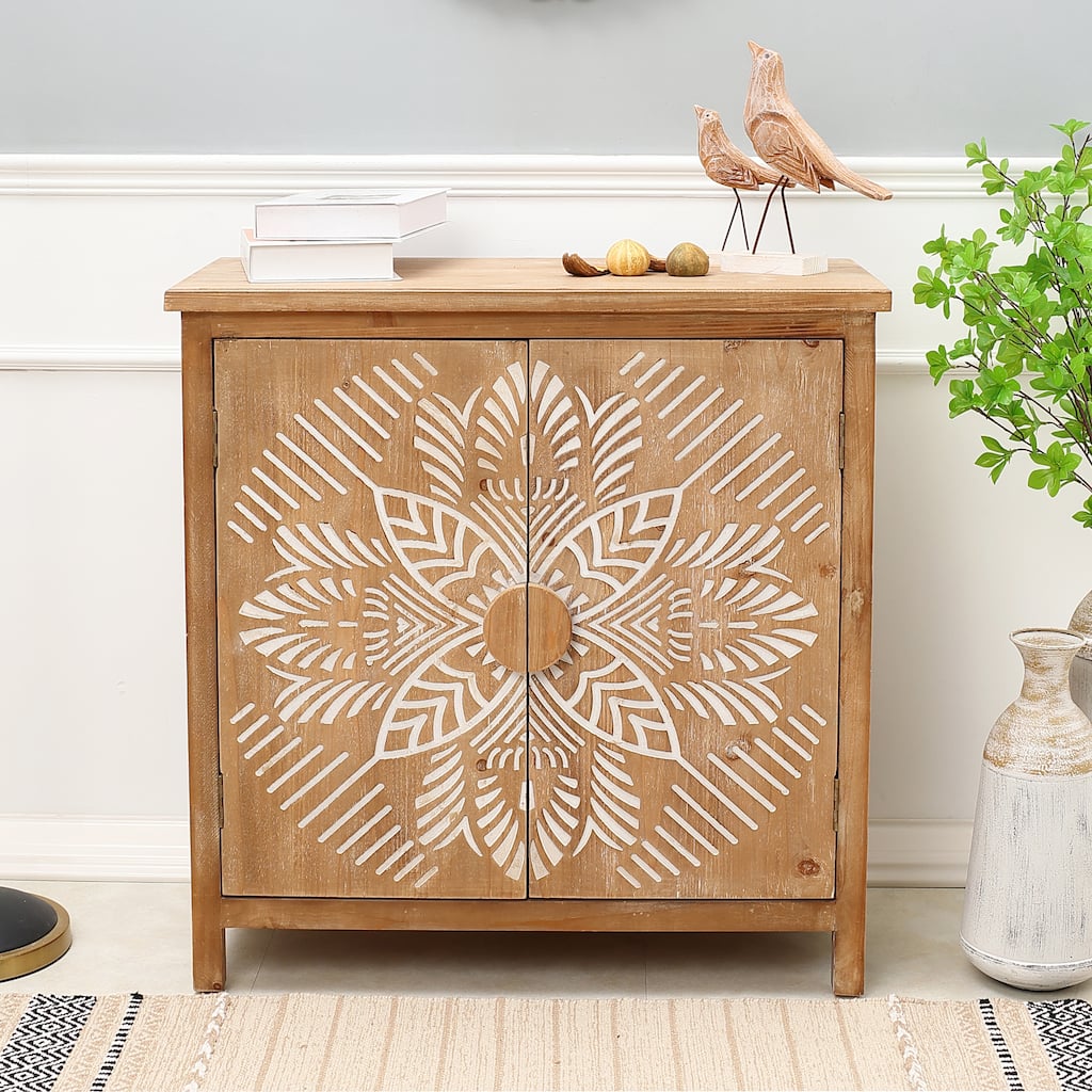 Natural Wood and White Floral 2-Door Storage Cabinet - 32.48" H x 31.5" W x 14.96" D