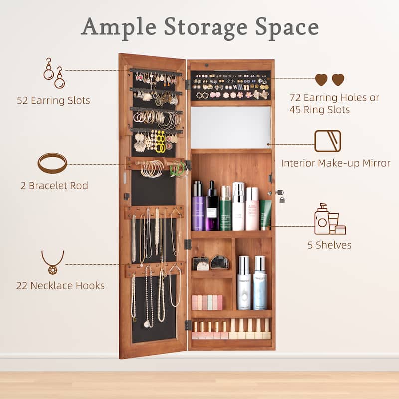 Wall-Mounted Solid Wood Jewelry Cabinet with Full-Length Mirror, 47.5x14.3 Inch, Lockable Organizer with LED Lighting‌.