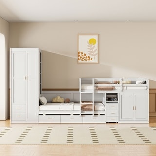 Twin Bunk Bed with Trundle, Desk, Cabinet & Storage, Space-Saving Design for Kids, White