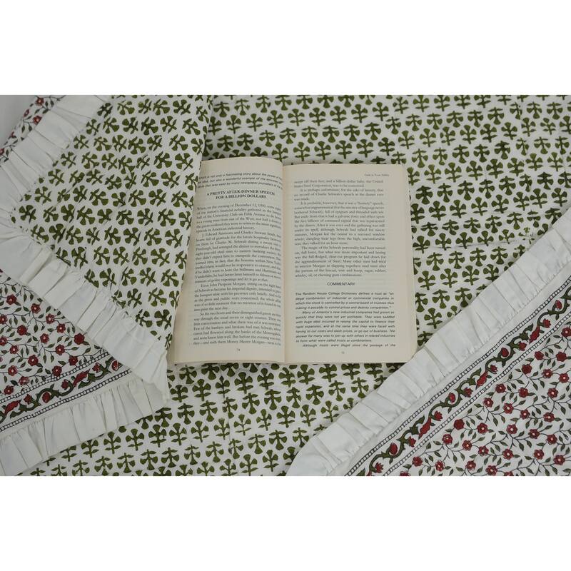Fabdivine Handmade Cotton Quilt - Green Grey Floral Block Print, Reversible Layering Quilt, Artisan Bedspread, Heritage Textile