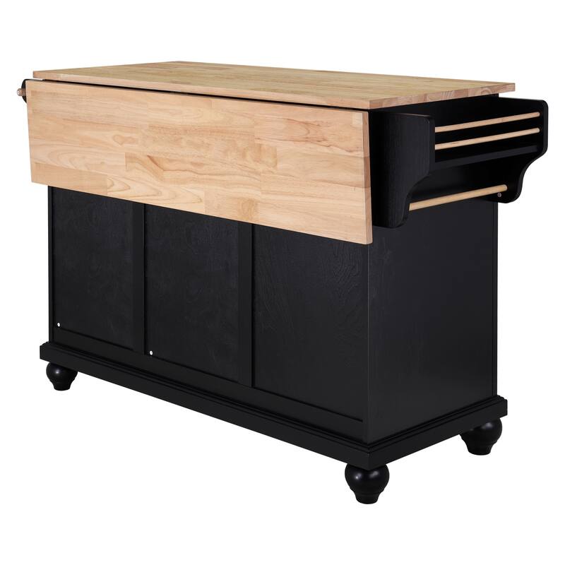 Natural Wood Topped Kitchen Island with Storage, Mobile Kitchen Cart