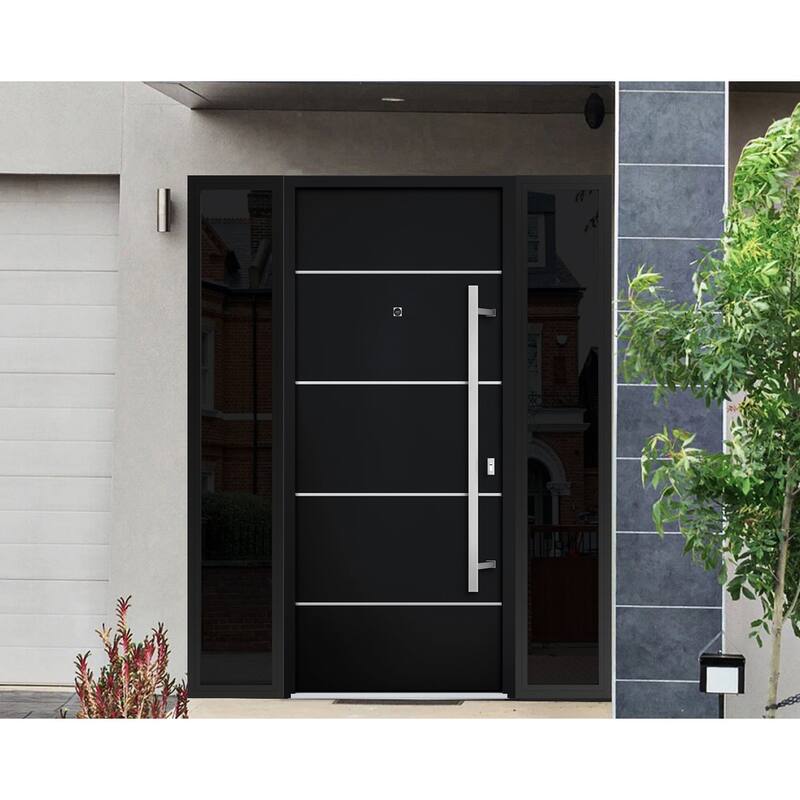 Front Prehung Steel Door 6083 Black Enamel Top Window Sidelite Stainless Inserts W36xH80+16 Lh I Bedroom Door Bathroom Door