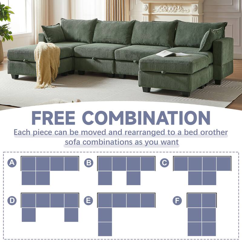 113.5" Corduroy U-Shaped Sectional Sofa with Ottoman