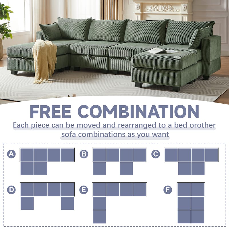 113.5" Corduroy U-Shaped Sectional Sofa with Storage Ottoman, 6-Seat Modular Design and Convertible Chaise