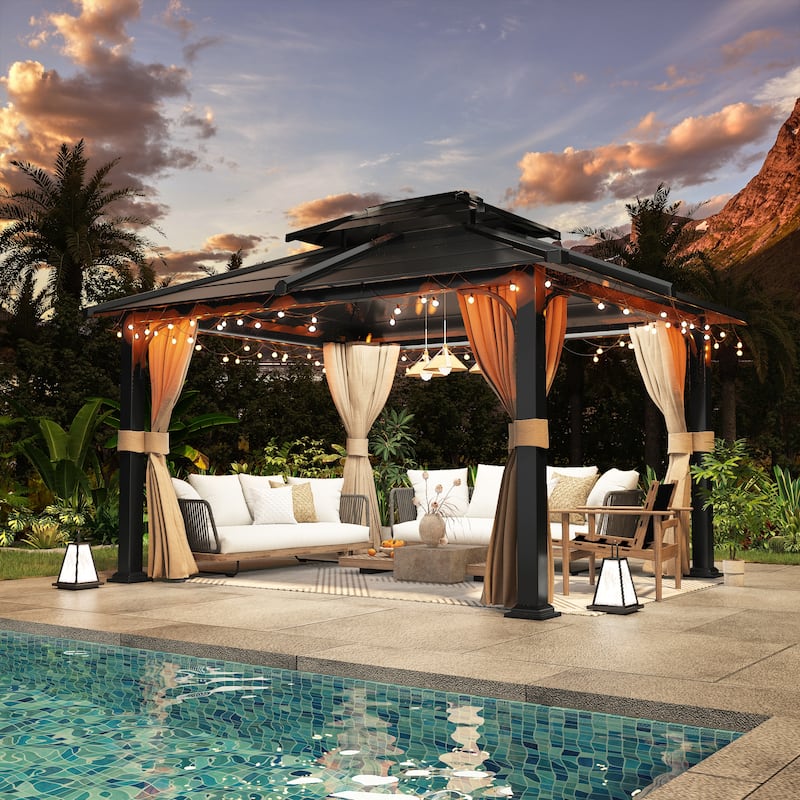 EROMMY Anti-Rust Coating Iron Hardtop Sun Shade Shelter Outdoor Canopy & Pergolas w/Curtains and Netting