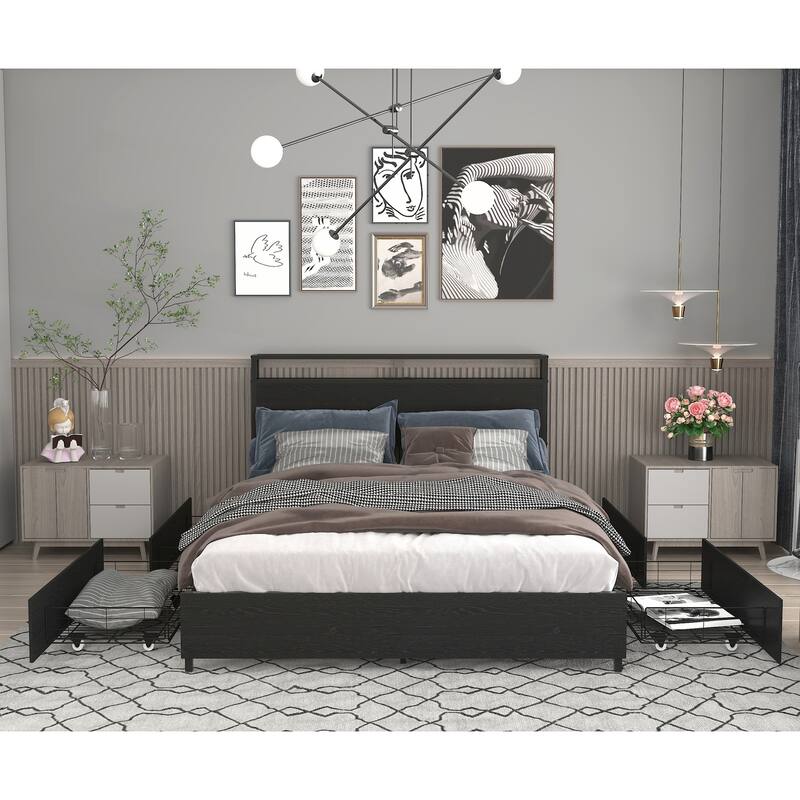King Bed Frame with Storage Headboard - Black - King