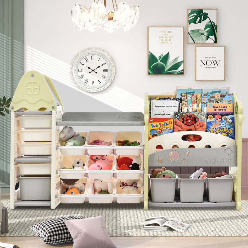 Multi-functional Nursery Organizer with 17 Bins and 5 Bookshelves - Light Green