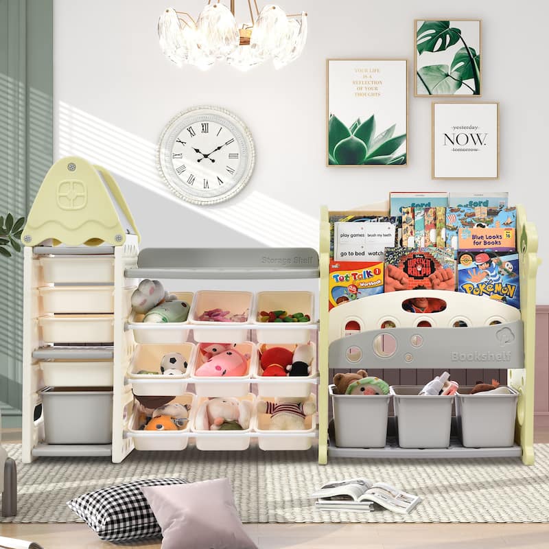 Roomfitters Bookshelf Organizer with 17 Bins and 5 Shelves, Multi Functional Storage Cabinet for Home - Light Green