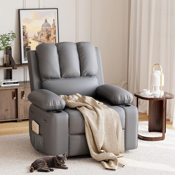 slide 2 of 7, 37.4" Oversized Manual Recliner with Heat and Massage, 360 Swivel Rocking Chair 21.3" Seat with Cup Holder Grey