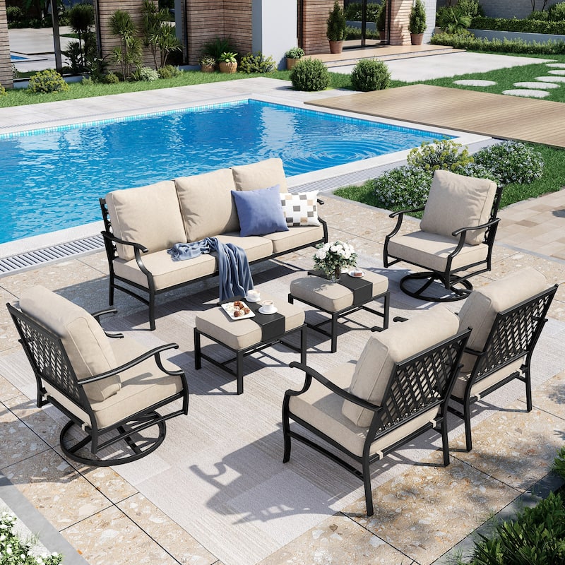 MAISON ARTS Patio Conversation Sets 5/7/9-Seat, Sofa Set with 2 Single Sofa Chairs, 3-Seater Sofa, Ottoman and Coffee Table - 7-Piece - Set 2