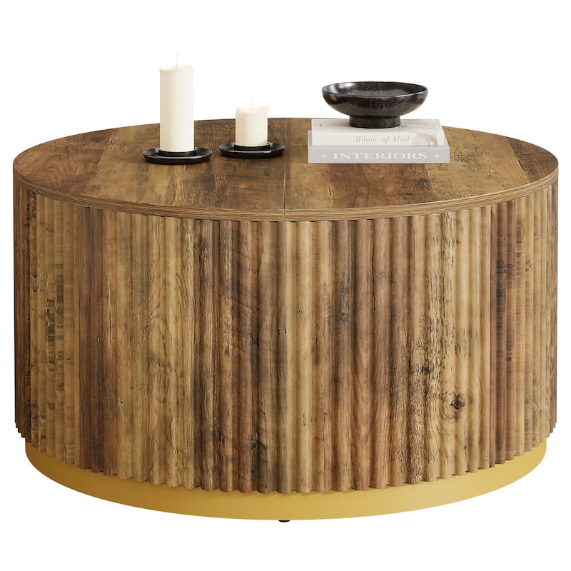 31.5" Round Coffee Table, Fluted Wooden Center Table