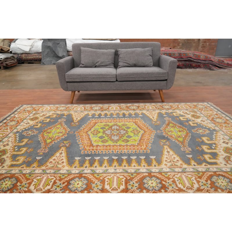 Hand Knotted Oriental 100% Wool Carpet Traditional Geometric Greys & Charcoal Viss Area Rug - 8' 11'' X 6' 0''