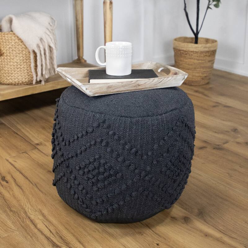 Woven Cotton Textured Round Pouf - 14" - Gray