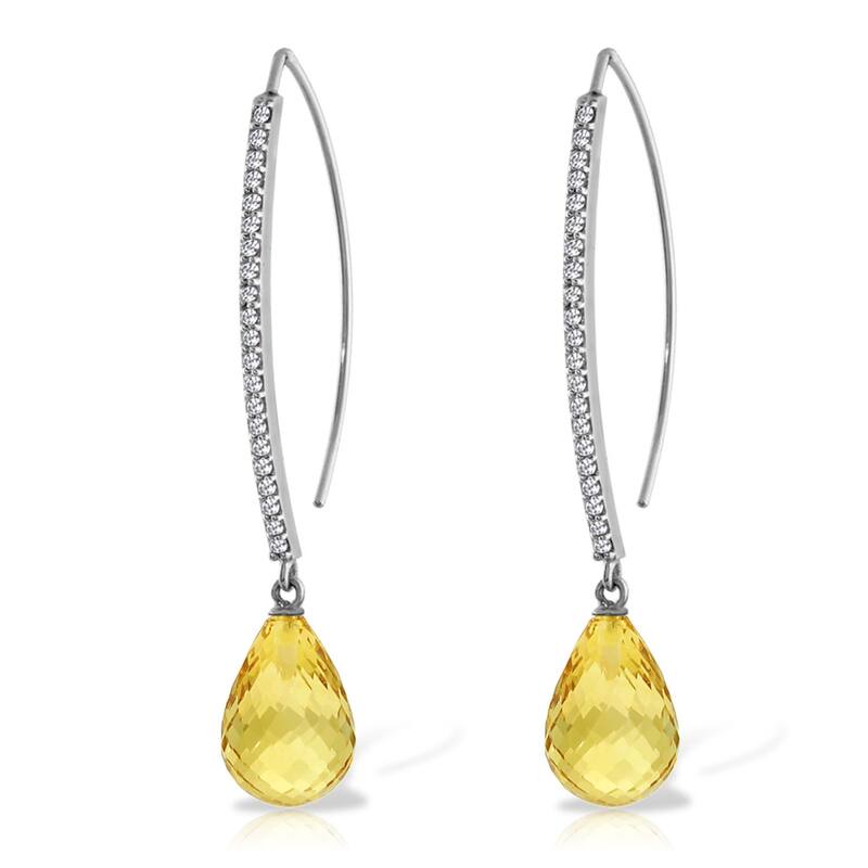 14K Solid Gold Diamonds Hook Earrings w/ Dangling Briolette Citrines - White