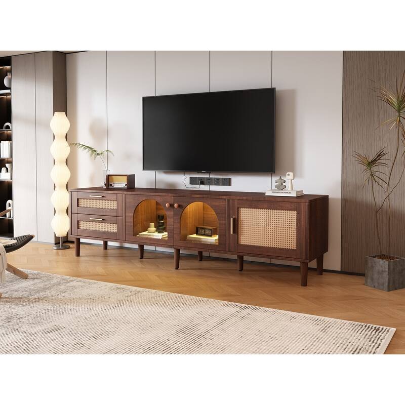 Rattan-Inspired 80'' Media Console with LED Lights & Ample Storage