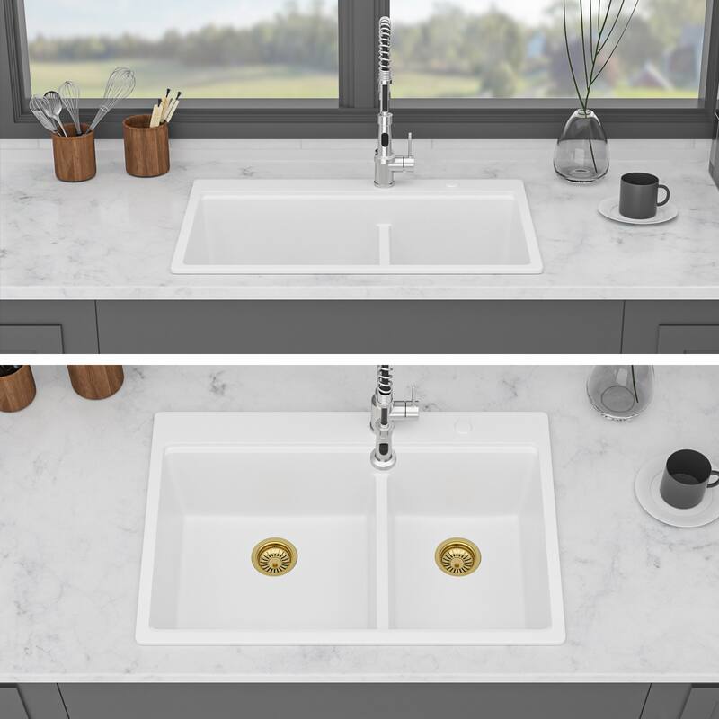 33 Inch Drop-in Double Bowl Quartz Kitchen Sink - 33'' x 22'' x 9.65''