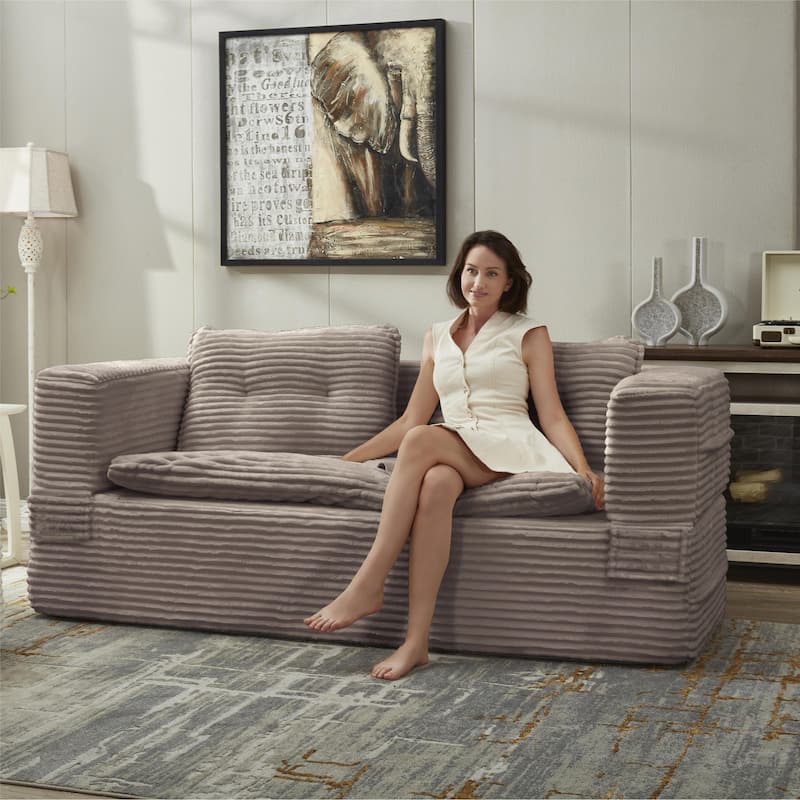 Sleeper Sofa with Chaise Lounge, Convertible Sectional Couch Bed, Corduroy 3-Seat Sofa, Folding Boneless Couch