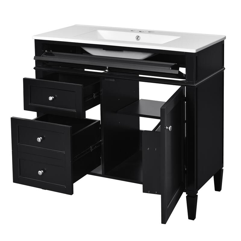 Modern Single Sink Bathroom Vanity Cabinet with Door Rack, Tip-out Drawer, 2 Pull-out Drawers, Metal Knobs and Adjustable Shelf