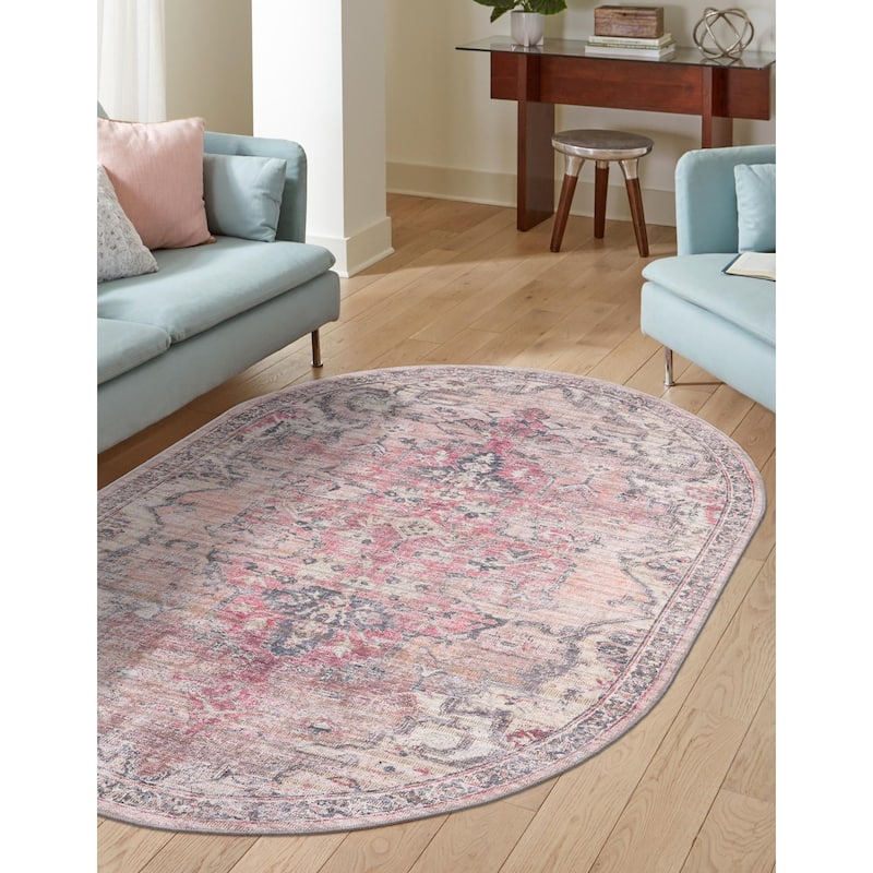 Transitional Pria Collection Area Rug - 3'11"x6' Oval - Beige-Pink