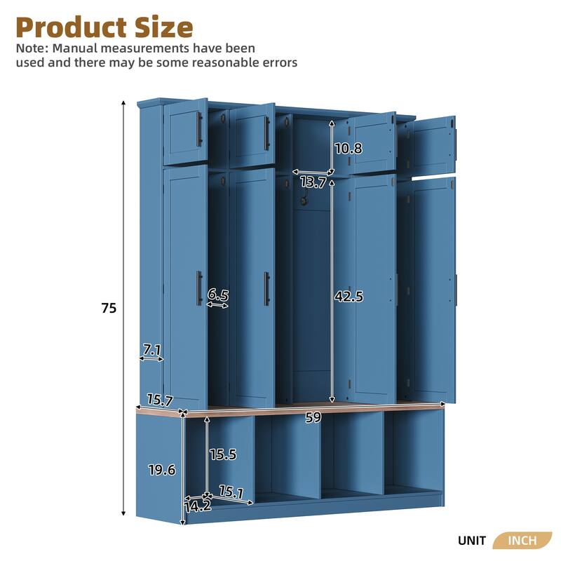 59"L Hall Tree with 4 Hidden Hanging Hooks,Seating Bench with 8 Doors