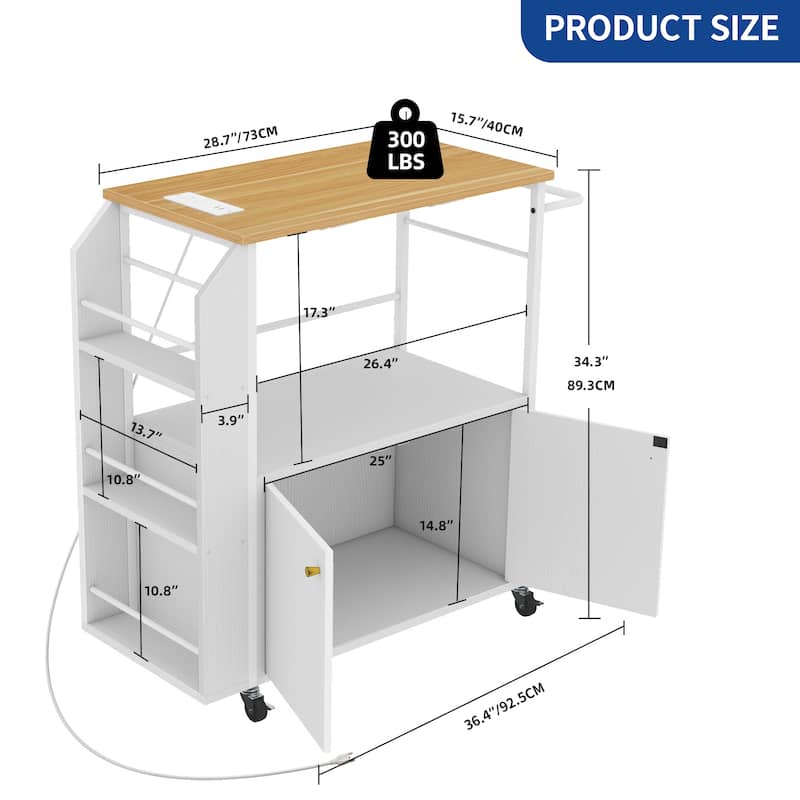 Moasis Rolling Portable Kitchen Island Cart With Power Outlet And Open Shelves