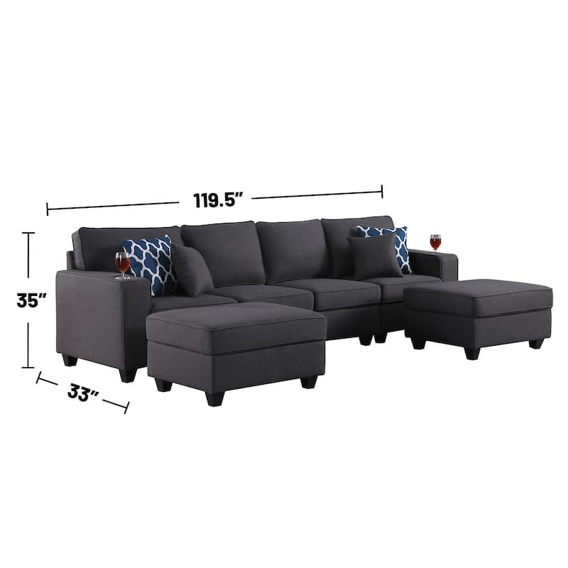 Linen Upholstered Linen 4-Seater Sofa with 2 Ottomans in Dark Gray