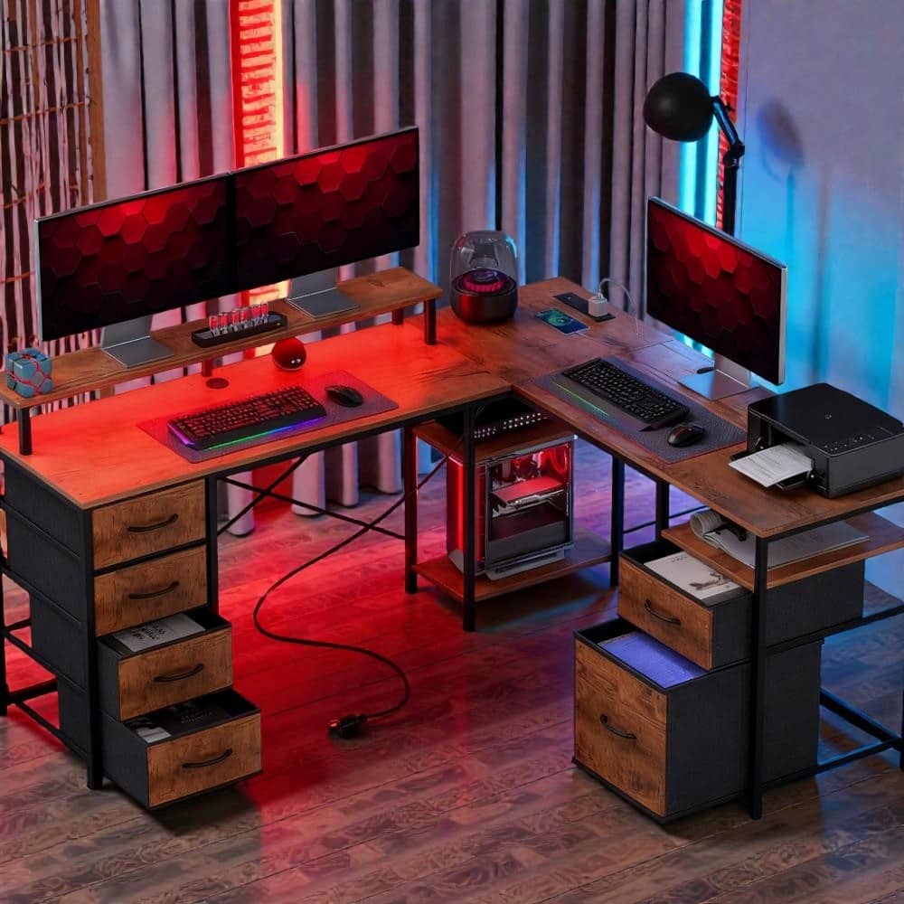 Corner Desk with File Drawer and Power Outlets, L Shaped Computer Desk with LED Lights and Storage for Home Office