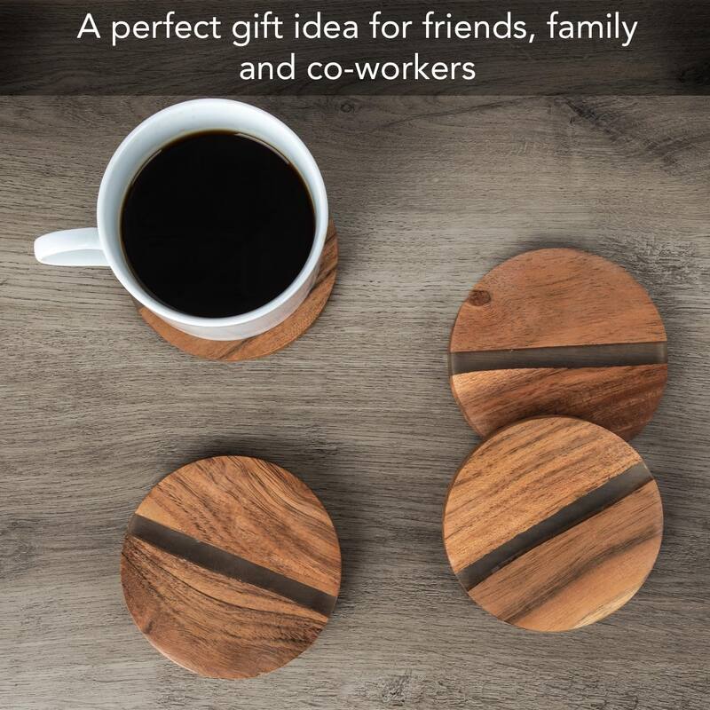 4 Pack Round Acacia Wood Absorbent Coasters with Decorative Resin Inlay Strong Durable Absorbent
