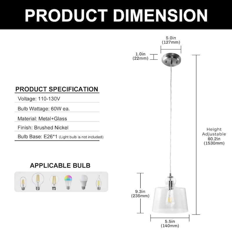 Single Head Brushed Nickel Pendant Light with Bubble Glass Shade E26 for Modern Spaces - Brushed Nickel - 5.5*5.5*9.3