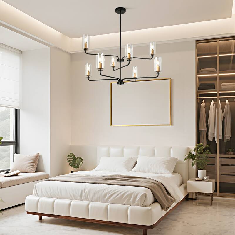 Modern 8-Light Black Gold Chandelier Cylinder Glass Light for Dining Living Room Entryway - D 37" x H 21"