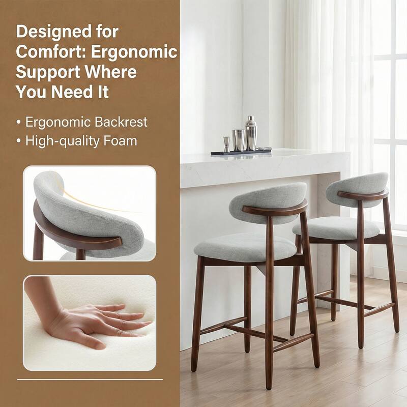 Mid-Century Modern Upholstered Bar Stools Counter Height Wooden Bar Chairs with Backrest Footrest