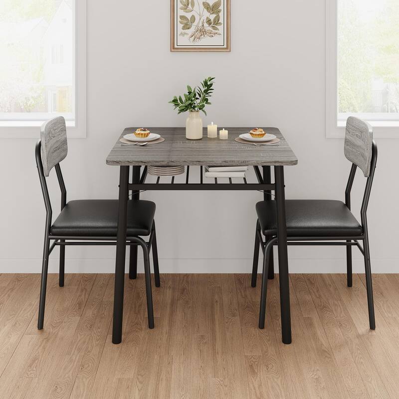 3-Piece Dining Table Set, Wood Table with Storage Rack & 2 Upholstered Chairs, Compact Design for Apartment