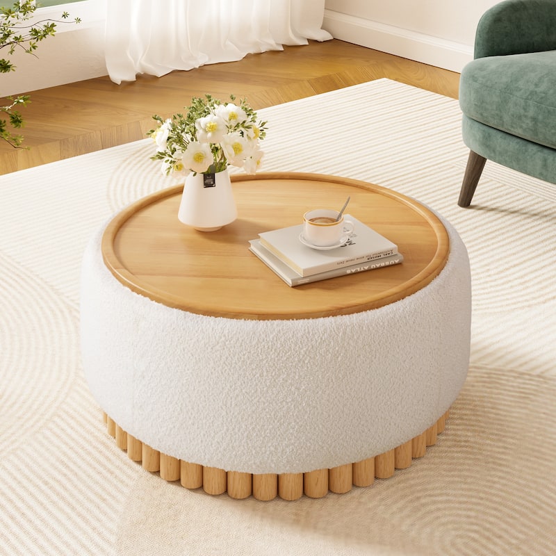 Roomfitters 29 Inch Round Storage Ottoman with Reversible Wooden Tray Top, Upholstered Coffee Table for Living Room
