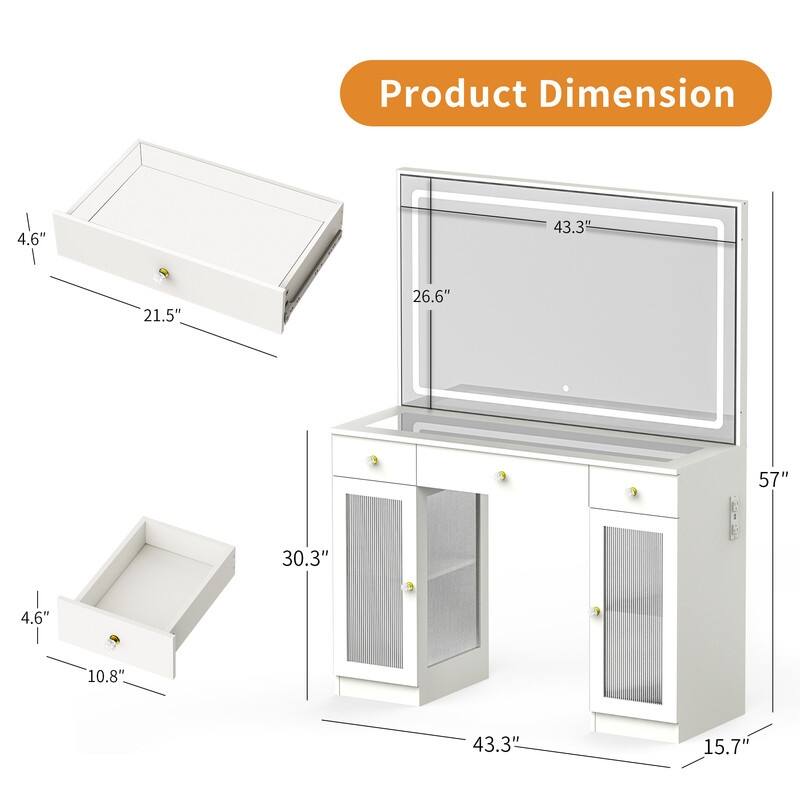 3-Drawer Black Makeup Vanity Desk with 43" LED Mirror, Charging Station with Storage Cabinets
