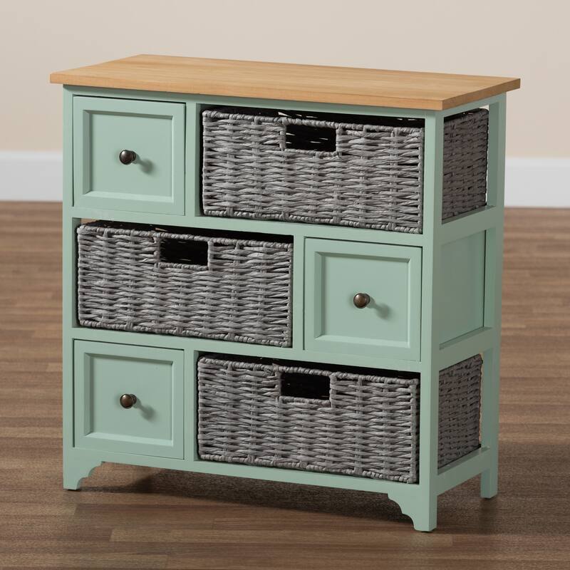 Valtina Modern and Contemporary Two-Tone Oak Brown and Mint Green Finished Wood 3-Drawer Storage Unit with Baskets