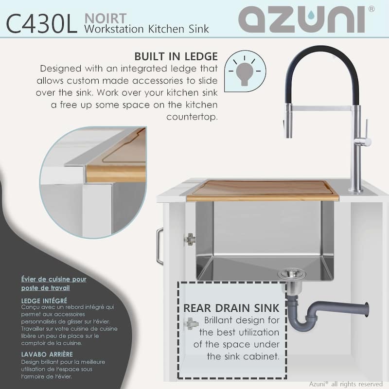 AZUNI 31.25 inch Top Mount Single Bowl Stainless Steel Ledge Workstation Kitchen Sink with Accessories C430L Handmade