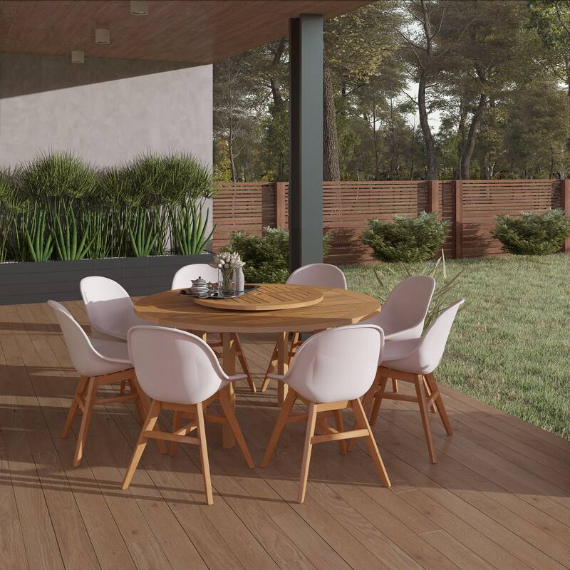 9-piece Wood Lazy Susan Outdoor Dining Set - 9 Piece - White Chairs
