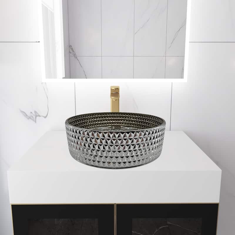 Scotch Round Basin Glass Crystal Bathroom Vessel Sink in Multiple Colors - 14" - Plated Silver
