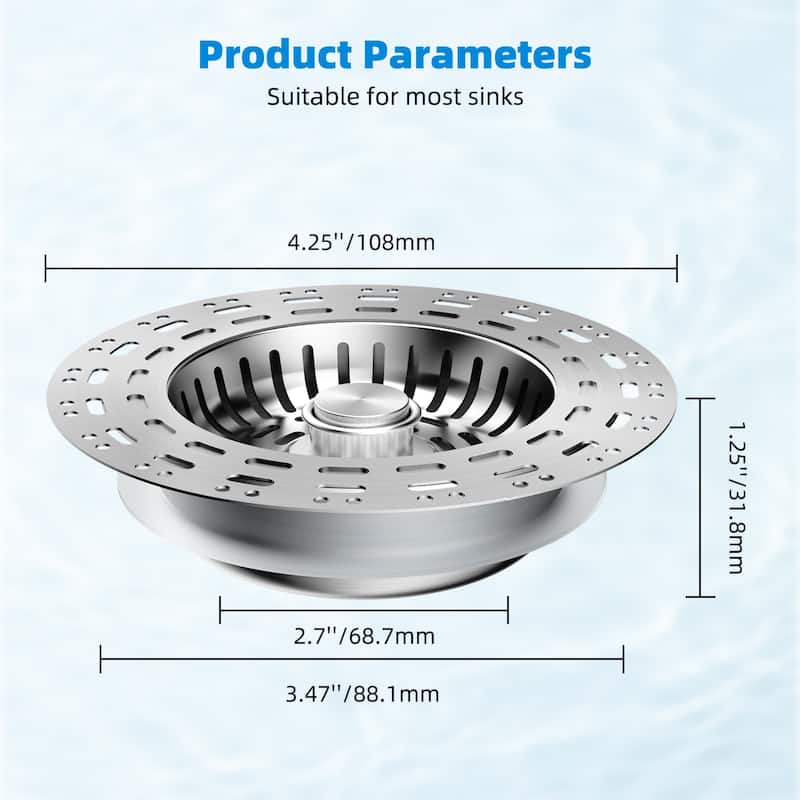 Stainless Steel 3 in 1 Kitchen Sink Drain Strainer for US 3-1/2" Drain