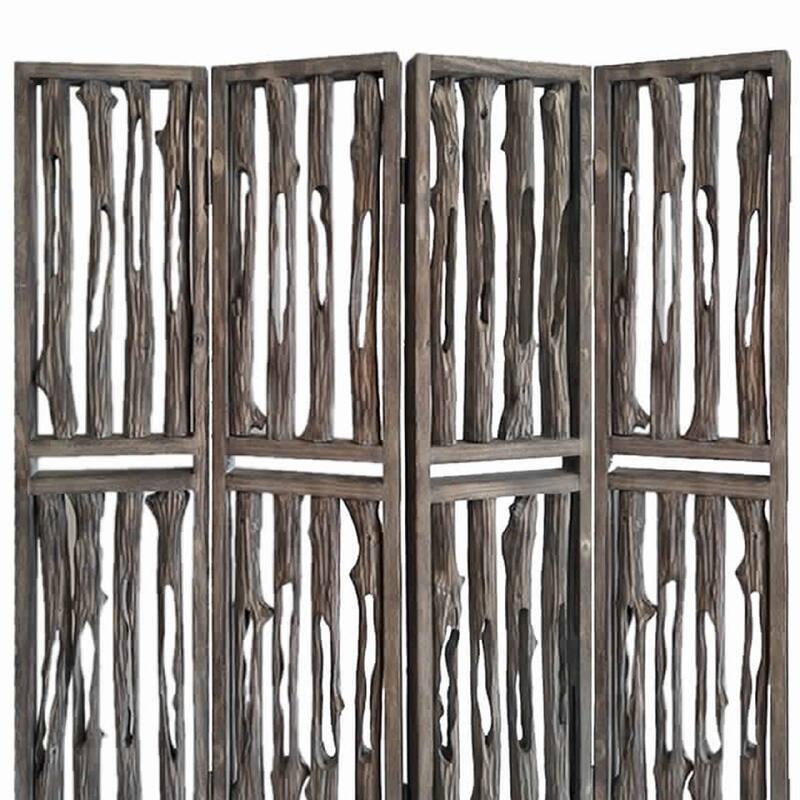 Contemporary 4 Panel Wooden Screen with Log Design, Brown