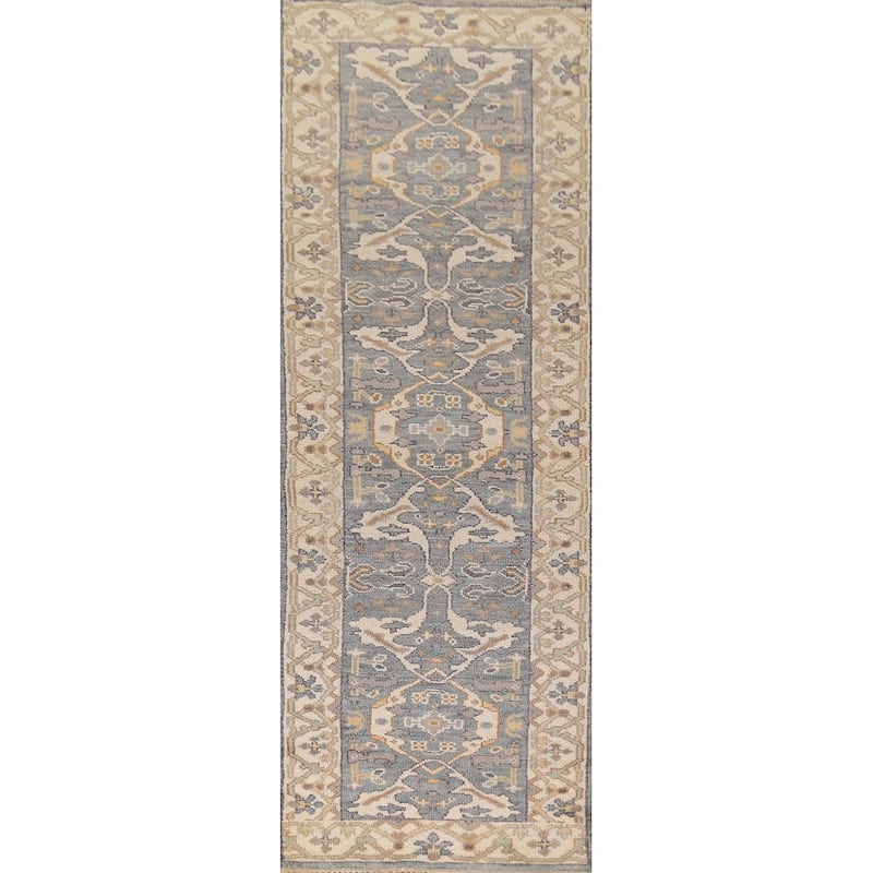 Light Blue Oushak Oriental Runner Rug Hand-Knotted Floral Wool Carpet - 2'7" x 9'11"