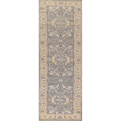 Light Blue Oushak Oriental Runner Rug Hand-Knotted Floral Wool Carpet - 2'7" x 9'11"